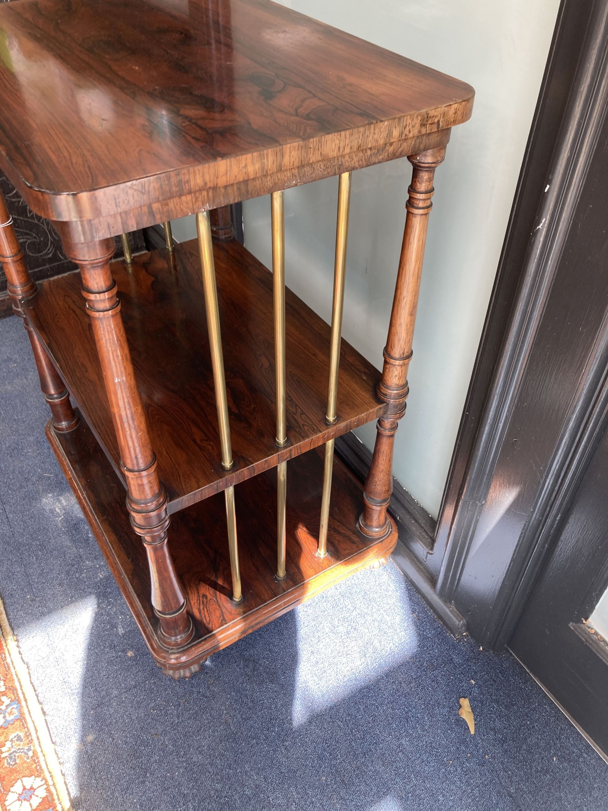 A Victorian rosewood three tier whatnot, width 61cm, depth 46cm, height 84cm